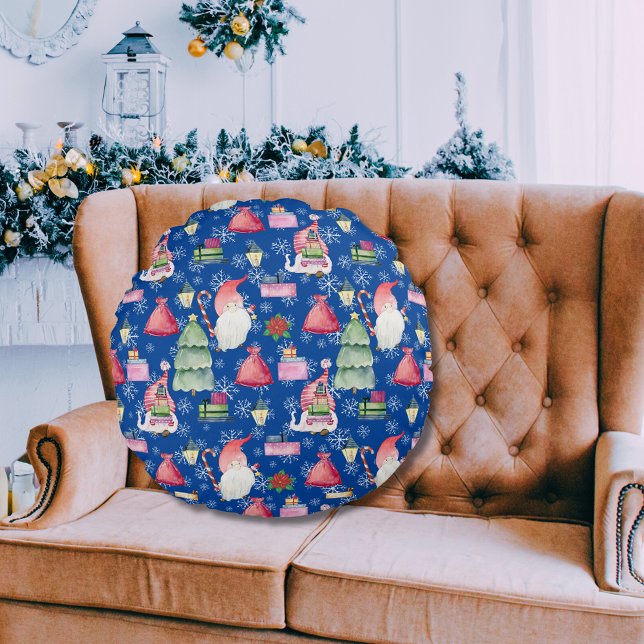Almofada Redonda Papais noeis Gnome para Feriados Padrão Plano de F (Santa Gnome for Holidays Pattern Blue Background Round Pillow)