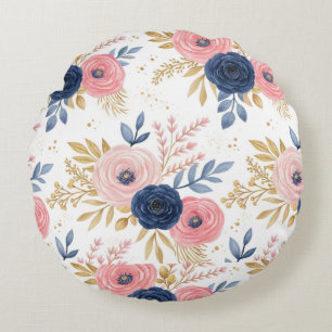 Almofada Redonda Papel de embrulho floral rosa e azul naval