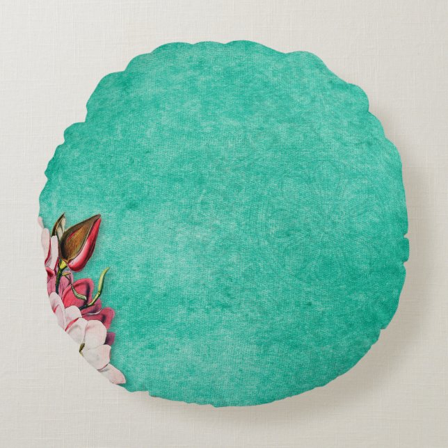 Almofada Redonda Papel de magnólia para flores antigo (Frente)