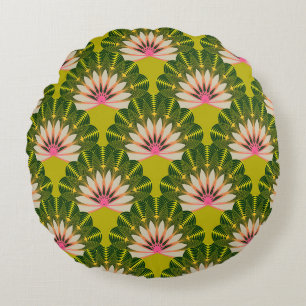 Almofada Redonda Papel de parede de lótus estilizado: rosa, verde.