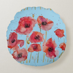 Almofada Redonda Papoula Vermelha em Papoulas de Aquarela Azul Deco