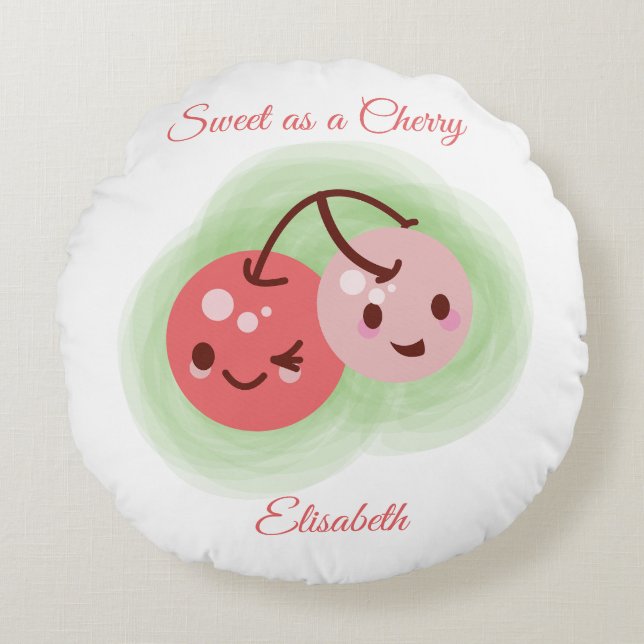Almofada Redonda Par rosa-rosa personalizado de cerejas (Frente)