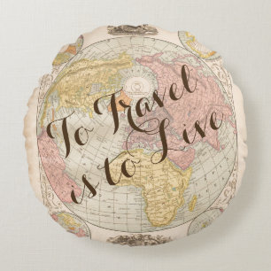 Almofada Redonda Para o viagem é ao vivo o mapa de vintage viagem