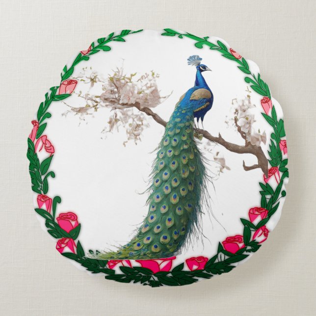 Almofada Redonda "Paraíso Peacock Majestoso" (Frente)