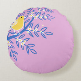 Almofada Redonda Pássaro Amarelo Ilustrado em um Fundo Rosa
