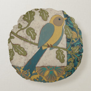 Almofada Redonda Pássaro Azul Amarelo e Teal Emitido em uma Ramific