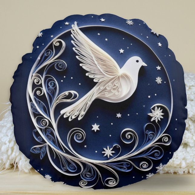 Almofada Redonda Pássaro Azul-Pássaro Faux da Porta da Paz (A personalized round throw pillow with Christmas dove design and festive greeting on the back)