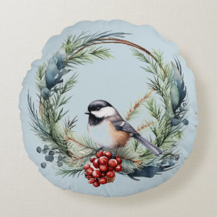 Almofada Redonda Pássaro Chickadee de Natal na Arte Wreath