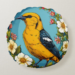 Almofada Redonda Pássaro colorido de Oriole Dourado entre Flores em