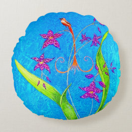 Almofada Redonda Pássaro Pequeno Orquídeo bonito (Vermelho)
