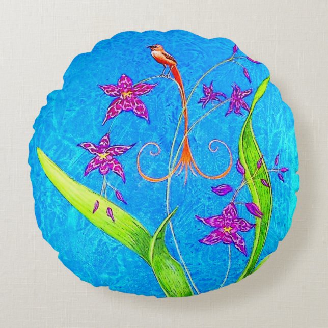 Almofada Redonda Pássaro Pequeno Orquídeo bonito (Vermelho) (Frente)