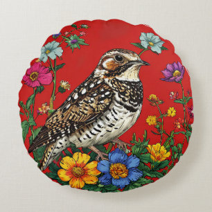 Almofada Redonda Passaro Thrush Flores Silvestres em Fundo Vermelho