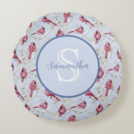 Almofada Redonda Pássaros Cardinal Azul Cinza Personalizado Monogra