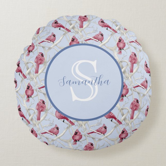Almofada Redonda Pássaros Cardinal Azul Cinza Personalizados Monogr (Frente)