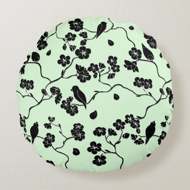 Almofada Redonda Pássaros com flores de cereja pretas em verde-mint (Frente)