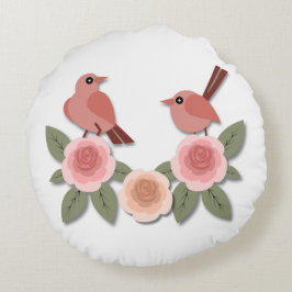 Almofada Redonda Pássaros e Rosas de flores, cor-de-rosa,