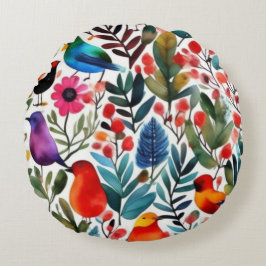 Almofada Redonda Pássaros florais coloridos