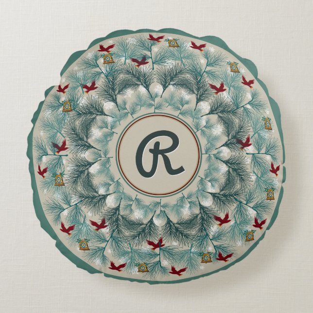 Almofada Redonda Pássaros vermelhos e pinheiros sabiosos personaliz (Frente)