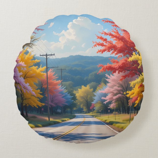 Almofada Redonda Pastel Autumn Country Road Watercolor (Frente)