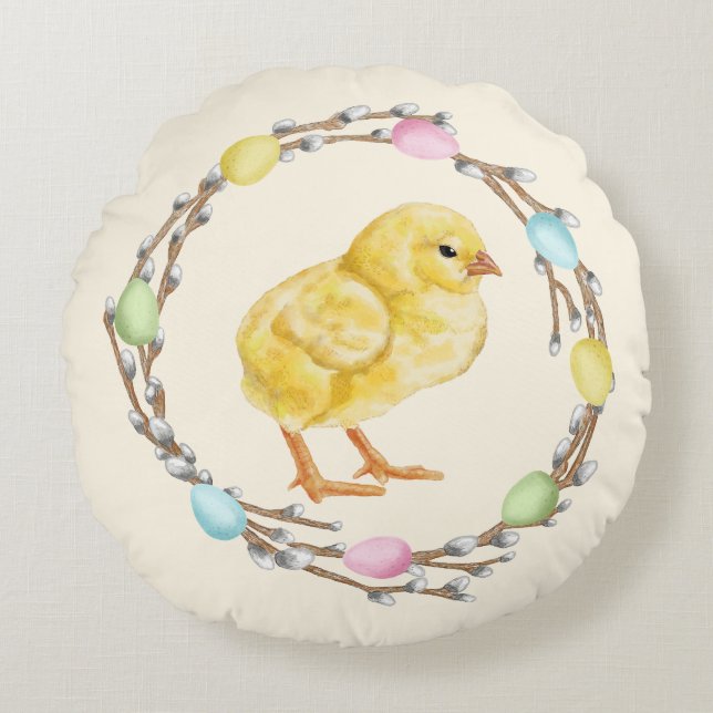 Almofada Redonda Pastel Easter Willow Wreath With Baby Chick (Frente)