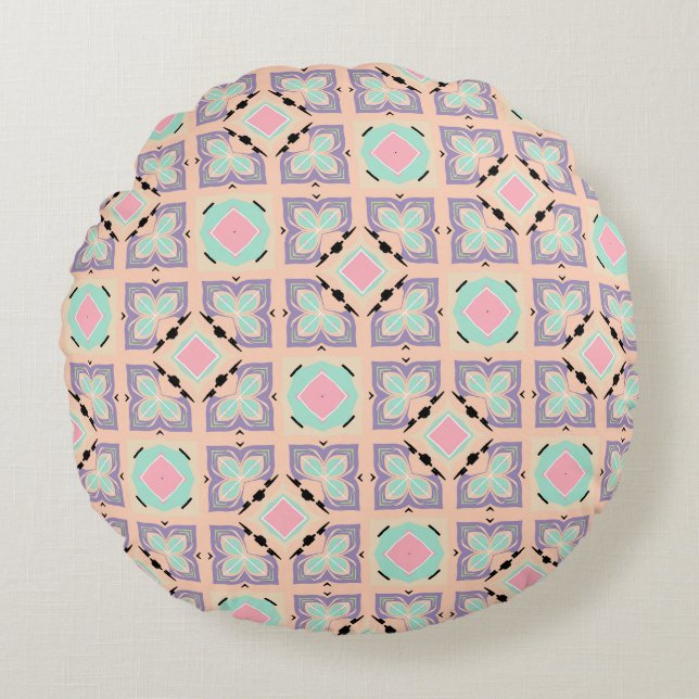 Almofada Redonda Pastel Geometric Tile Pattern | Pink Mint Purple  (Frente)