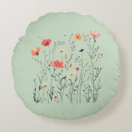 Almofada Redonda Pastel Green Wild Flowers Design, Floral Breeze,