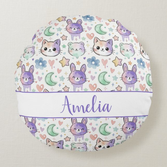 Almofada Redonda Pastel Personalizado Kawaii Animal (Frente)
