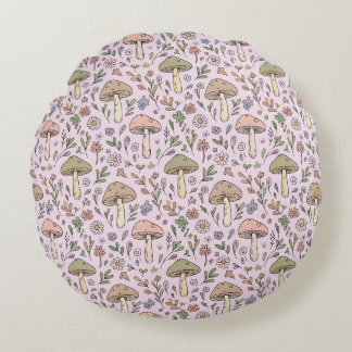 Almofada Redonda Pastel Pink Cottagecore Fungi Seamless Pattern