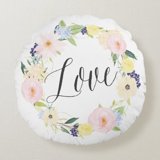 Almofada Redonda Pastel Primavera Floral Wreath | Love Round Traves (Frente)