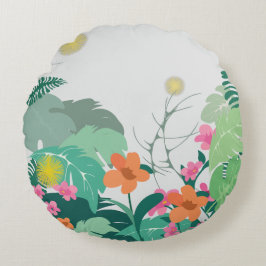 Almofada Redonda Pastel Tropical Leaves and Flowers