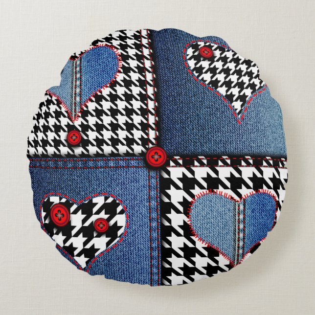 Almofada Redonda Patchwork de Denim: padrão de Tecido sem falhas (Frente)