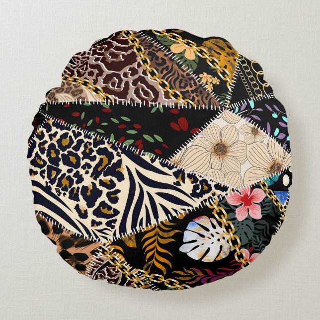 Almofada Redonda Patchwork Leopard: Design de Linhagem Étnica. (Frente)