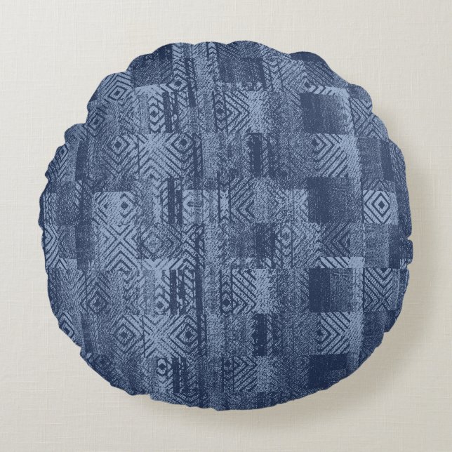 Almofada Redonda Patchwork Memphis de Abstrato Denim minimo (Frente)
