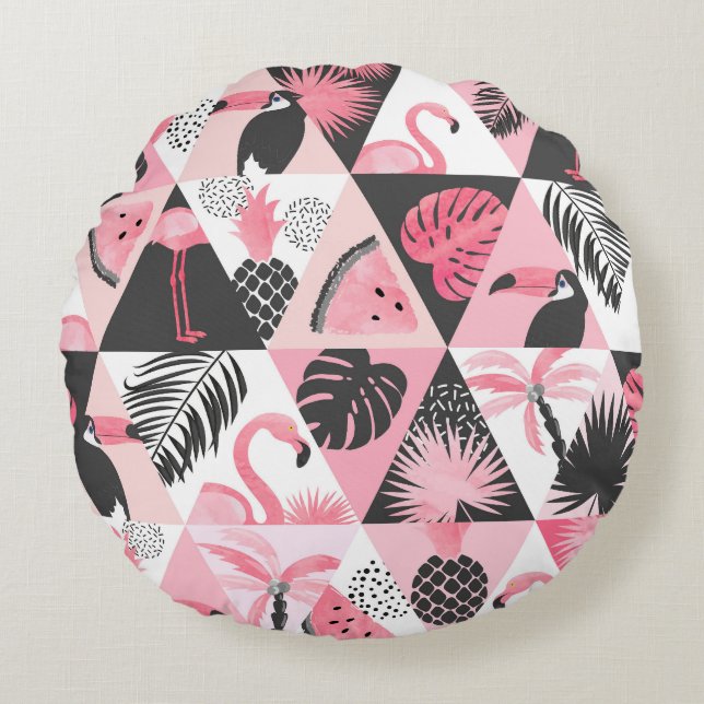 Almofada Redonda Patchwork Tropical: Flamingo Watermelon Seamless. (Frente)
