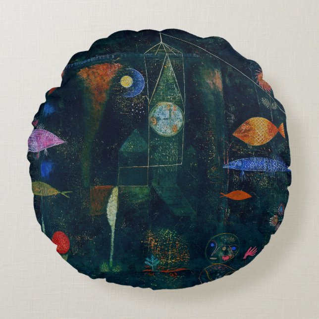 Almofada Redonda Paul Klee Fish Magic Abstrato Pintura Gráfica (Frente)