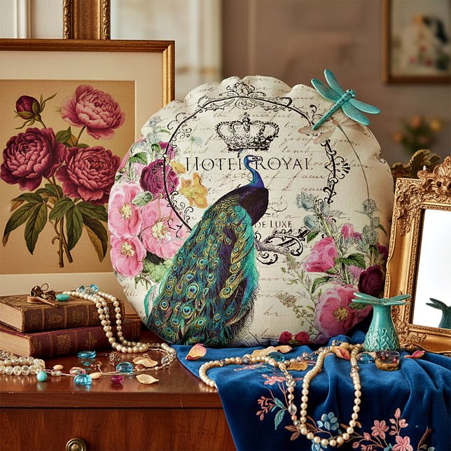 Almofada Redonda Pavão e flores de primavera (Criador carregado)