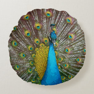 Almofada Redonda Pavão régio com plumagem azul e Dourado da cerce