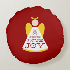 Almofada Redonda Paz Amor Joy Angel Holiday Vermelho E Dourado