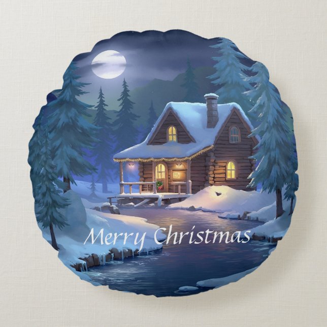 Almofada Redonda Peaceful Cabin in Winter Forest (Frente)