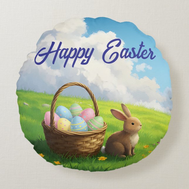 Almofada Redonda Peaceful Easter Spring Meadow Bunny & Egg Basket (Frente)