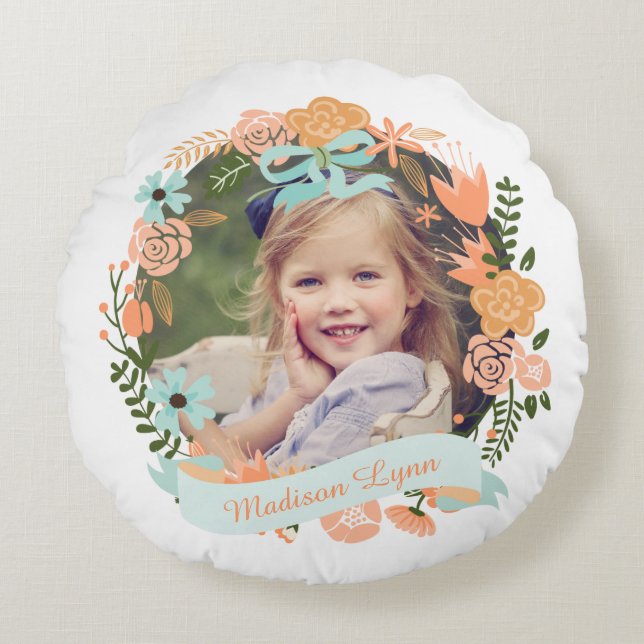 Almofada Redonda Peach Mint Girly Floral Wreath Foto Personalizada (Frente)