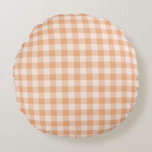 Almofada Redonda Peach White Checkered Gingham Patterno (Frente)