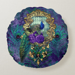 Almofada Redonda Peacock floral victorian feather elegante