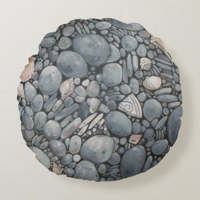 Almofada Redonda Pedras de Praia Conchas Pebbles Rochas Pintura (Frente)