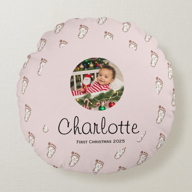 Almofada Redonda Pegadas de Bebê Rosa Bonitas Primeiro Natal do Beb (Frente)