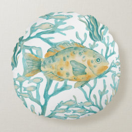 Almofada Redonda Peixe Aquarela Dourado Turquesa