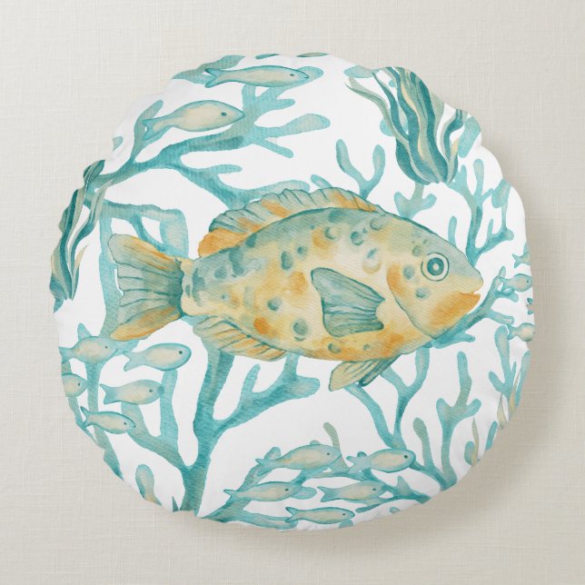 Almofada Redonda Peixe Aquarela Dourado Turquesa (Frente)
