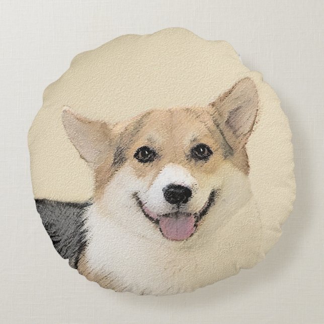Almofada Redonda Pembroke Welsh Corgi - Pintura Original para Cacho (Verso)