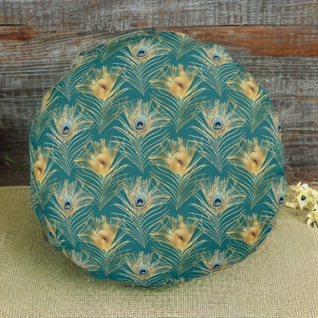 Almofada Redonda Penas de Peacock do Ouro Elegante em Boho Verde (Criador carregado)