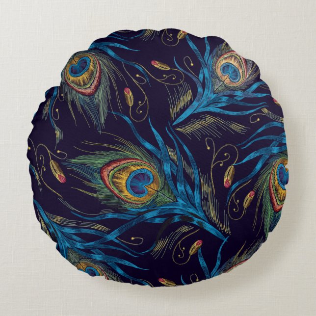 Almofada Redonda Penas de Peacock Padrão Sem Costura (Frente)